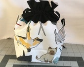 KNITTING CATS with YARN medium fully-lined cotton drawstring knitting project bag