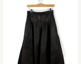 ON SALE Vintage Brown Leather/Stripe Flare Long Skirt from 1980's/ W26*