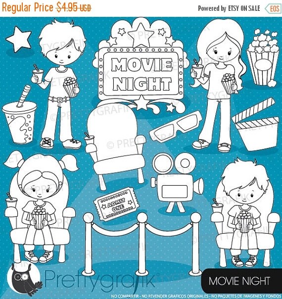 80% OFF SALE Movie night digital stamp commercial use, vector graphics, digital stamp, images - DS920 Il_570xn