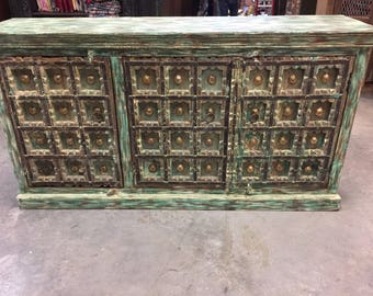 Turquoise Green Distressed Carved Brass Metal Farmhouse Vintage Old Doors Sideboards Chest Storage Buffet TV Console