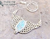 Macrame necklace for bohemian wedding in white color with larimar gemstone and in angel's wing shape, Free Worldwide Shipping