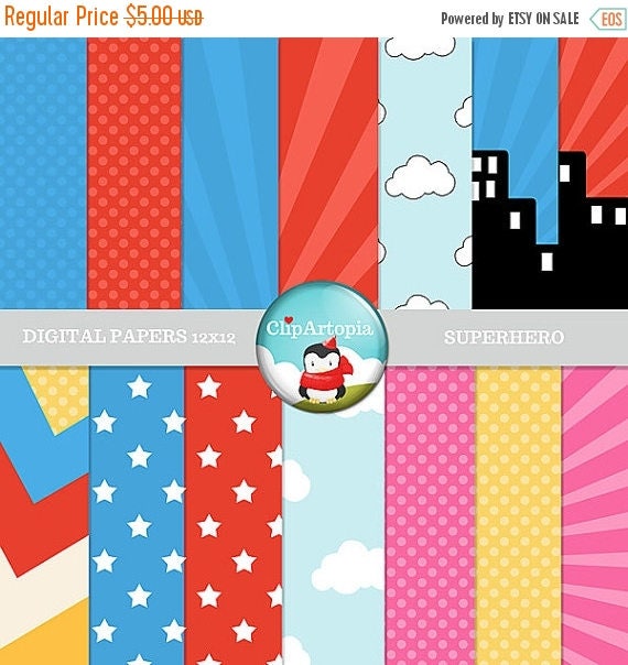 50%OFF SALE Superhero Digital Papers Pack Great for Scrapbooking, Making Cards, Tags and Invitations / INSTANT Download Il_570xn