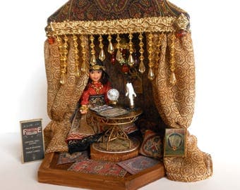 Dollhouse Doll, Fortune Teller Doll, Gypsy Doll, Fortune Teller Tent, Lighted Tent, Art Doll, Diorama, 1/12th Scale, OOAK Handmade