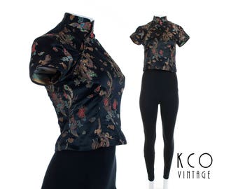 90s Vtg Dragon Embroidered Cheongsam Top Shiny Black Satin Asian Chinese Club Kid Goth Vintage Shirt Women's Size XS