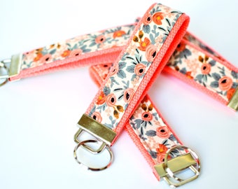 Coral Key Fob Wristlet, Shower Favor, Floral Key Chain, Rifle Fabric Keychain Wristlet, Fabric Key Holder, Sorority Gift, Pink Key Lanyard