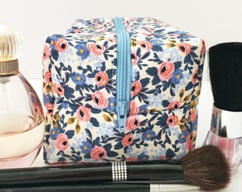 Blue and Pink Floral Makeup Bag, Floral Cosmetic Bag, Bridesmaid Gift, Gift For Her, Gift Under 20, Monogram Bag, Rifle Paper Co