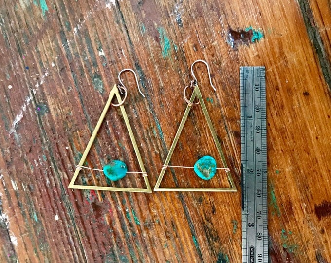 Turquoise Earrings / Large Triangle Earrings / Statement Earrings / Geometric Brass Earrings / Wire Wrapped Earrings / Wire Wrapped Jewelry