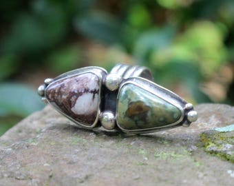RAINFOREST JASPER and Wild Horse Magnesite Ring, OOAK, Chic, Artistic, Large Gemstone Ring, Brown and White, Green Colored, Statement Ring
