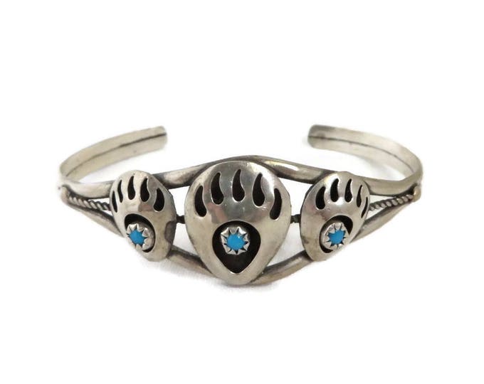 Navajo Bear Paw Cuff, Sterling Silver Turquoise Cuff, Vintage Shadowbox Cuff, Native American Bracelet, FREE SHIPPING