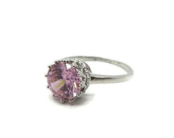 Pink Topaz Engagement Ring, Vintage Sterling Silver Solitaire Ring, Size 8