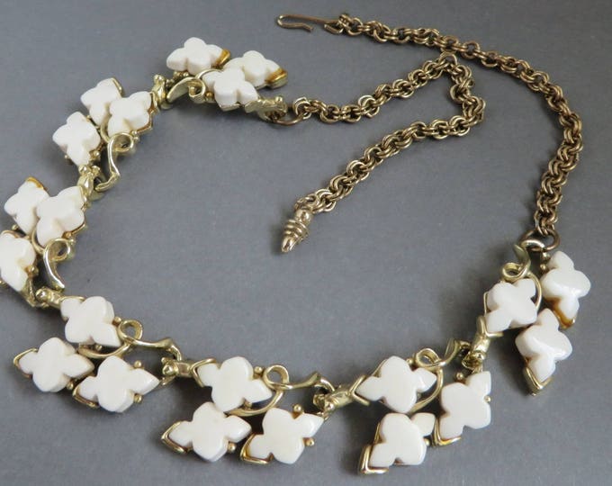 White Thermoset Necklace, Vintage Gold Tone Choker Leafy Necklace, 16 inch Summer Jewelry