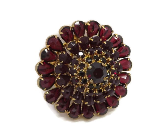 Vintage Red Austrian Crystal Brooch, Crystal Flower Pin, Gold Tone Austria Pin