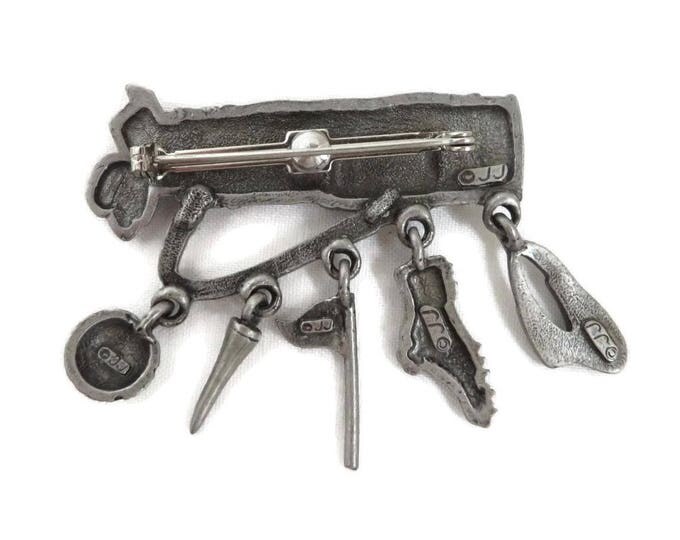 Golf Bag Brooch, Pewter Pin, Vintage Signed J Jonette Pin, Dangling Golf Accessories, Golfer Gift