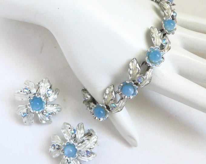 Judy Lee Demi Parure - Vintage Bracelet Earrings Set, Blue Moonstone AB Rhinestone Silver Tone Set, Perfect Gift, Gift Box
