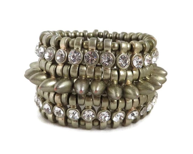 Gold Tone Stud Bracelet, Vintage Rhinestone Stretch Bracelet, Wide Heavy Metal Bracelet