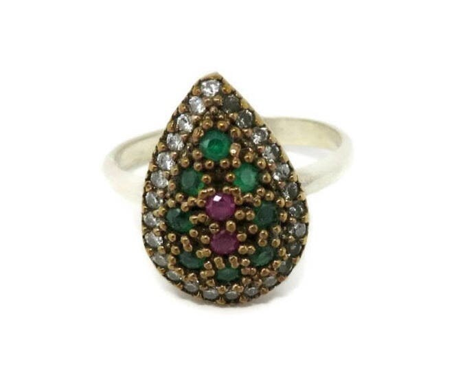 Faux Emerald & Ruby Ring - Vintage Sterling Silver Faux Gemstones Cocktail Ring, Two Tone Sterling Silver, Pear Shaped Ring, Size 7.5