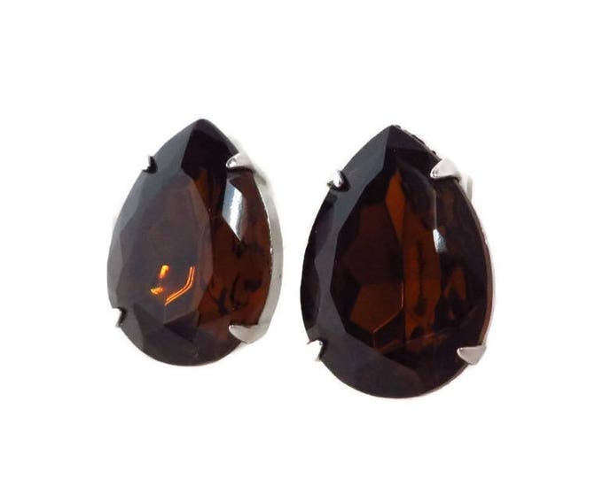 Amber Rhinestone Teardrop Earrings, Vintage Silver Tone Cognac Rhinestone Clip-ons, Bridal Jewelry