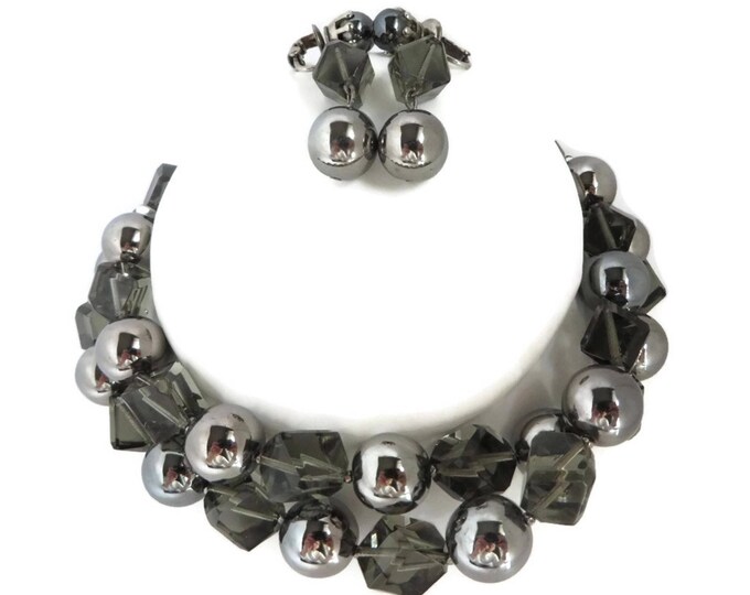 Hattie Carnegie Necklace, Earrings, Smoky Glass Demi Parure, Signed Designer Set