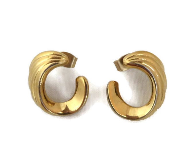 Pierced Earrings, Half Hoop Studs, Monet Gold Tone Earrings, Vintage Jewelry, Classic Monet Jewelry Gift for Her