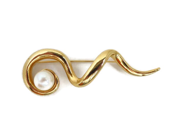 Vintage AVON Squiggle Brooch - Gold Tone Faux Pearl Pin, Gift for Her