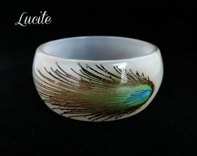 White Lucite Bracelet - Vintage Lucite Bangle, Peacock Feather Bracelet, Chunky Bangle
