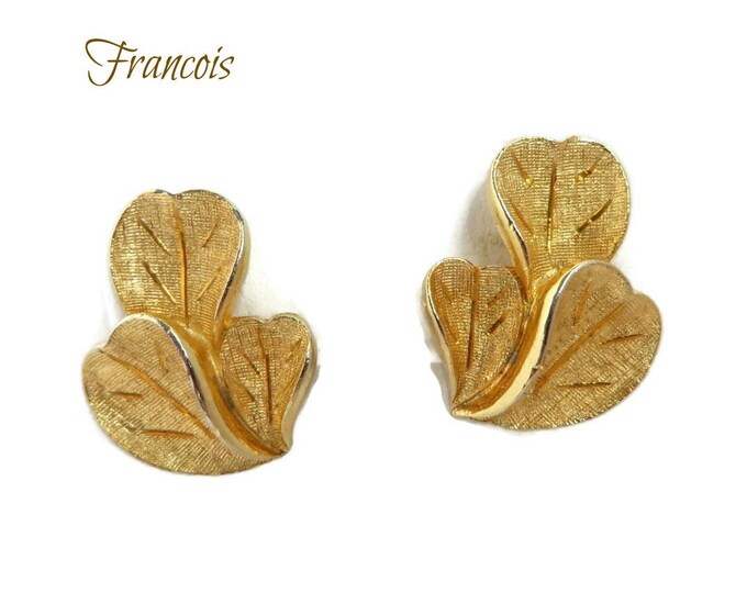 Francois Coro Earrings - Vintage Brushed Gold Tone Leaf Clip-on Earrings, Gift for Her
