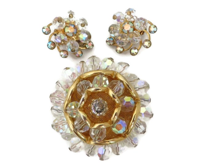 Vintage Crystal Brooch & Earrings Set, Gold Tone Rhinestone Demi Parure