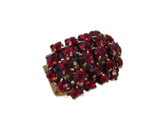 Rhinestone Ring, Vintage Ruby Rhinestone Ring, Gold Tone Wide Band Multi Stone Cocktail Ring, Adjustable Ring