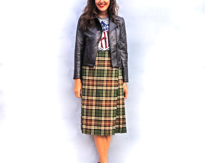 Long Green Kilt, Vintage Wool Skirt, Knee Length Skirt, Plaid Skirt, Scottish Kilt, Green Plaid Skirt, Tartan Kilt, Long Wool Skirt, Check