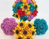 Paper wedding bouquet flower origami rose bright rainbow sunflower boho bohemian carnival fairground festival barn vintage summer theme