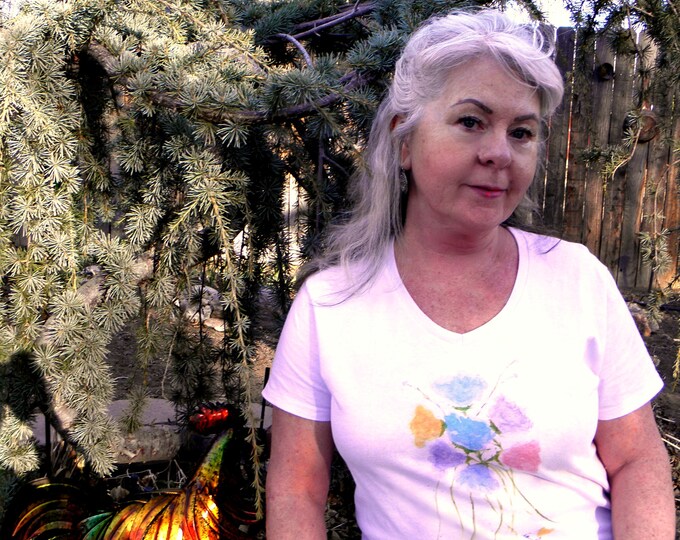T-Shirt for Women, V-Neck Style, created by Pam Ponsart of Pam's Fab Photos featuring a watercolor reproduction of spring flowers