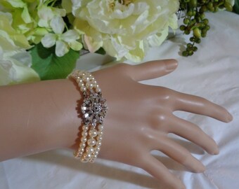 Crown Trifari Three Strand Faux Pearl Fancy Rhinestone Clasp Bracelet 1950s