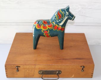 Vintage Large Swedish Blue Dala Horse Souvenir, Swedish Folk Art Horse, Vintage Swedish Souvenir, Dalecarlian Horse