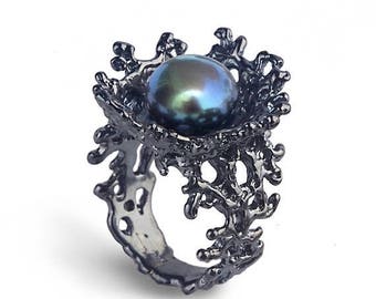 SALE 20% Off - CORAL FLOWER Black Pearl Ring, Black Ring, Black Engagement Ring, Black Pearl Engagement Ring, Alternative Flower Ring