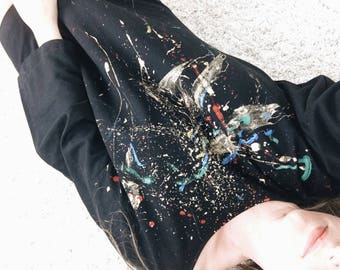 Paint Splatter 80s Vintage New Wave Batwing Painted Gold Colourful Artistic Art Splat Avant Garde Blouse Festival Oversized Top