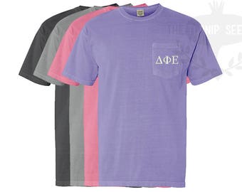 Delta Phi Epsilon Greek Letters Embroidery T-Shirt - Comfort Colors Shirt with Pocket