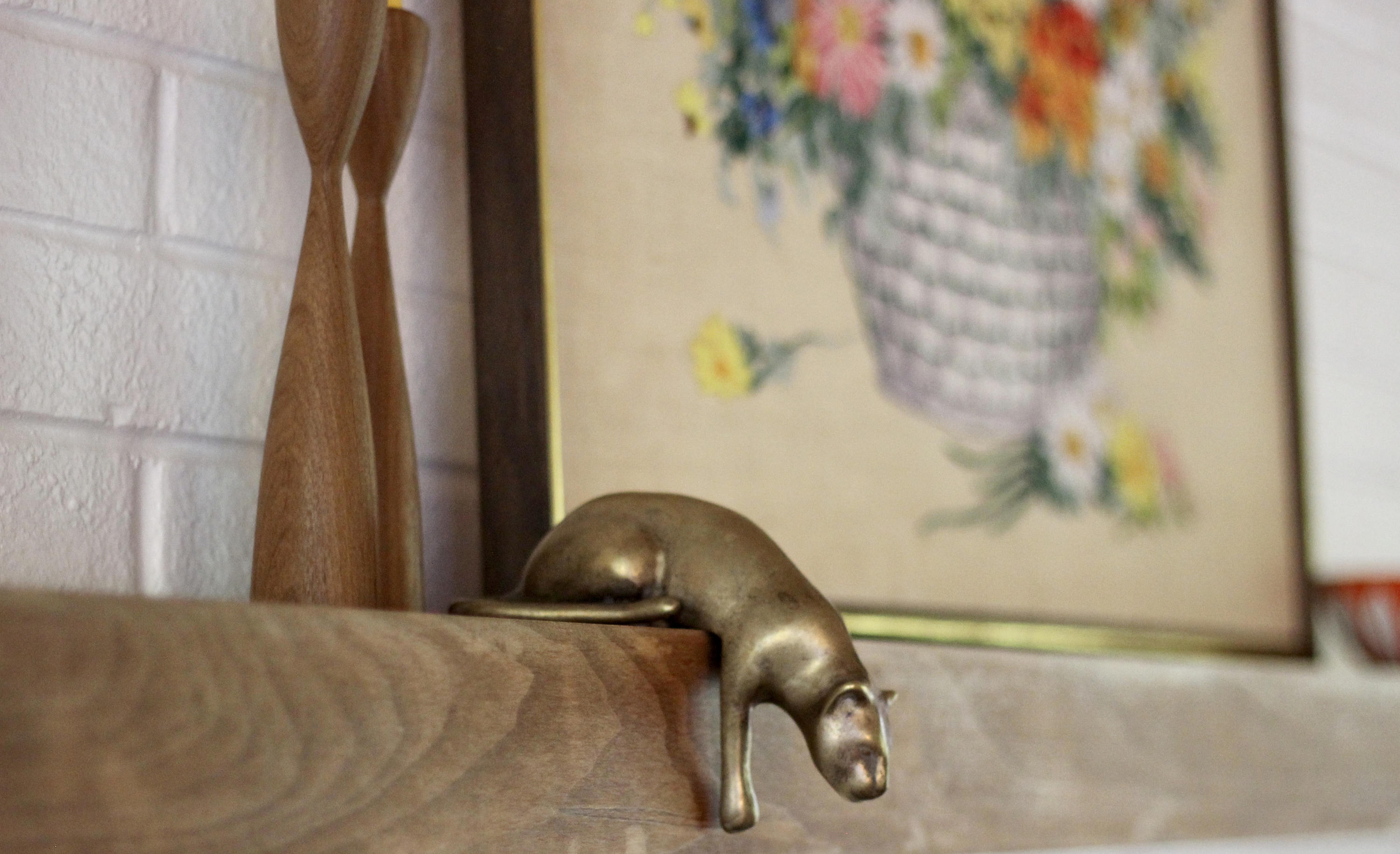 Vintage Brass Cat Shelf Sitter / Bronze Cat Shelf Sitter