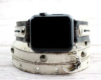 Black and White Apple Watch Band with Moon Charm, Leather apple watch band 38mm women, Leather apple watch band 42mm women, Apple Wrap Watch