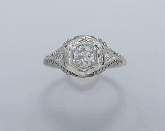Art Deco .50ct. Diamond Antique Engagement Ring 18K White Gold - J35983