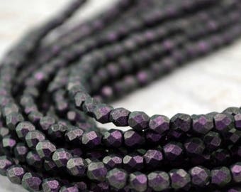 Summer Sale Faceted Round POLYCHROME BLACK CURRANT Czech Glass Round Beads 3mm Qty 50 Deep Purple, Firepolished Small