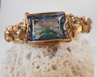 Vintage Mystic Topaz 14k Gold Filled Wire Wrapped Statement Bracelet