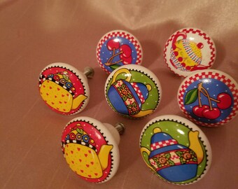 Seven Mary Englebreit Porcelain Knobs Teapots
