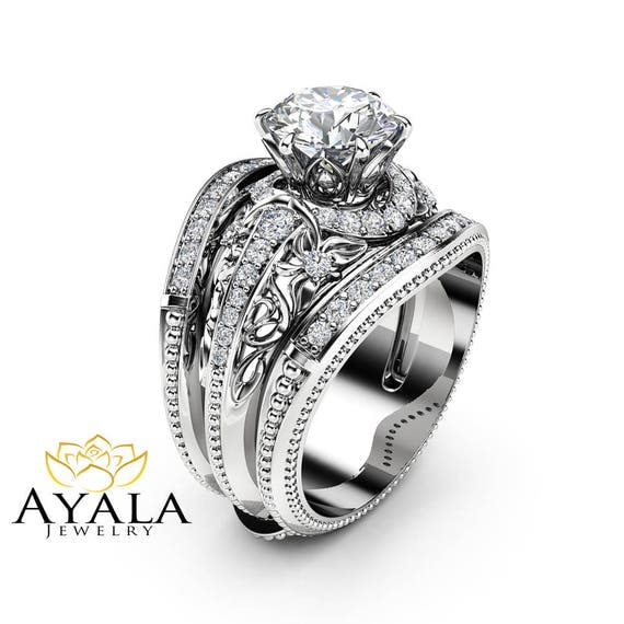 Moissanite Engagement Ring Guard Set Unique 14K White Gold