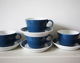 Set of 4 Blue and White Arabia Finnish Cups and Saucers
