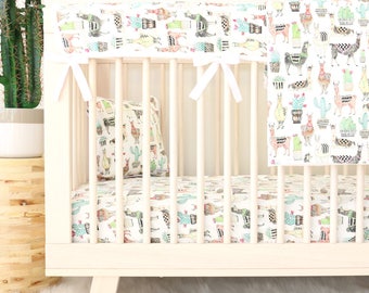 Lovely Llama Bumperless Baby Bedding | Cactus, Llama, Gender Neutral, Teething Guard Boy Crib Set | Modern Nursery