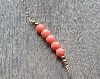 Coral necklace, Pink gemstone necklace, coral bead necklace, tiny choker necklace, dainty pink row necklace, 14kt gold fill sterling silver