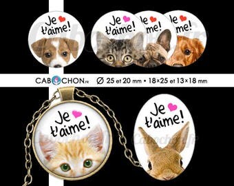 Je t'aime 5 • 60 Images Digitales RONDES 25 20 mm et OVALES 18x25 13x18 mm amour saint valentin animaux chat chien lapin souris coeur