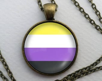 Non-Binary Pride Necklace, Glass Dome Pendant, LGBT Gift, Round Text Art Cabochon Charm Jewelry, Sexuality, Gender LGBTQ LGBTQIA Genderqueer