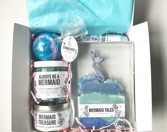 Mermaid Bath Set. Mermaid Tales. Mermaid soap sugar scrub and bath bomb box set. Gift set.