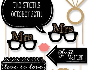 Lesbian Wedding Photo Booth Props - LGBTQ Prop Kit - Mrs. & Mrs. - Gold w/Mustache, Hat, Bow Tie, Glasses and Custom Talk Bubble - 20 pc.
